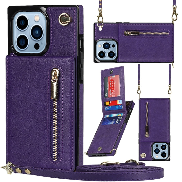 For iPhone 13 Pro Max Cross-body Zipper Square Phone Case with Holder (Purple) - iPhone 13 Pro Max Cases by buy2fix | Online Shopping UK | buy2fix