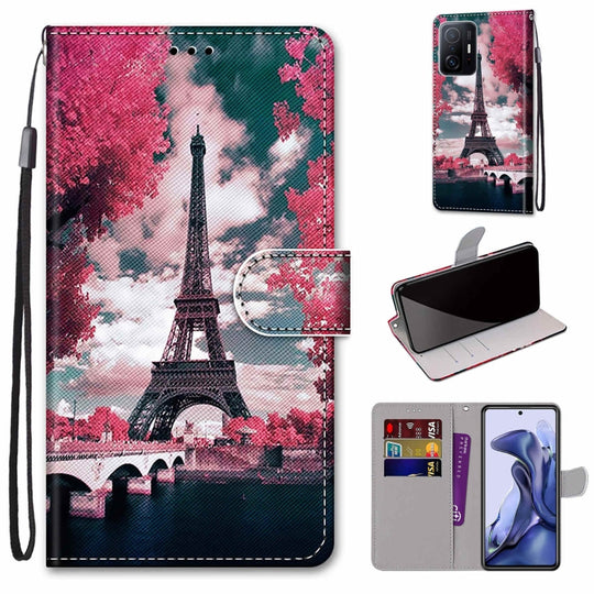 For Xiaomi 11T / 11T Pro Coloured Drawing Cross Texture Horizontal Flip Leather Phone Case with Holder & Card Slots & Wallet & Lanyard(Pink Flower Tower Bridge)