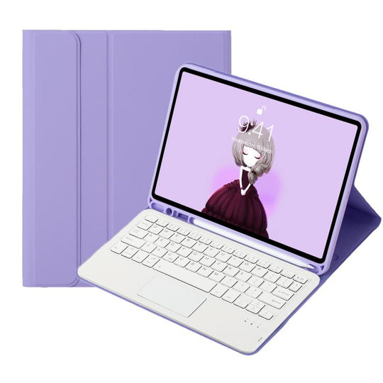 A07B-A Lambskin Texture Square Keycap Bluetooth Keyboard Leather Case with Touch Control For iPad 9.7 2018 & 2017 / Pro 9.7 inch / Air 2(Lilac)