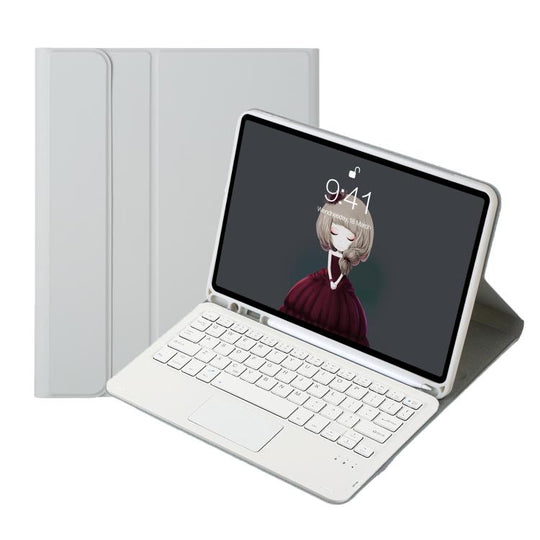 A11B-A Lambskin Texture Square Keycap Bluetooth Keyboard Leather Case with Touch Control For iPad Air 5 / 4 2020 10.9 / Pro 11 inch 2021 & 2020 & 2018(Grey)