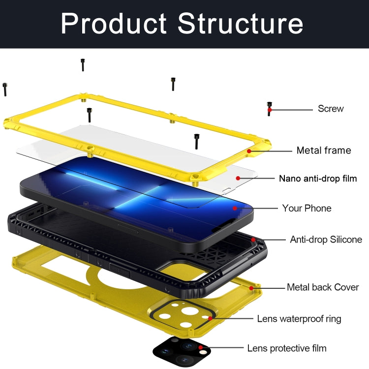 For iPhone 13 Pro Shockproof Waterproof Dustproof Metal + Silicone Phone Case with Screen Protector (Yellow) - iPhone 13 Pro Cases by buy2fix | Online Shopping UK | buy2fix