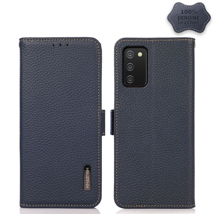 For Samsung Galaxy A02s EU Version KHAZNEH Side-Magnetic Litchi Genuine Leather RFID Phone Case(Blue) - Galaxy Phone Cases by buy2fix | Online Shopping UK | buy2fix