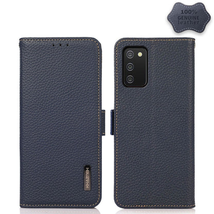 For Samsung Galaxy A02s Global Version KHAZNEH Side-Magnetic Litchi Genuine Leather RFID Phone Case(Blue) - Galaxy Phone Cases by buy2fix | Online Shopping UK | buy2fix