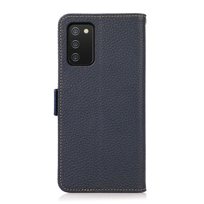 For Samsung Galaxy A02s Global Version KHAZNEH Side-Magnetic Litchi Genuine Leather RFID Phone Case(Blue) - Galaxy Phone Cases by buy2fix | Online Shopping UK | buy2fix