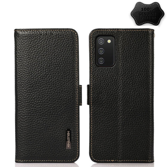 For Samsung Galaxy A03s 166mm Version KHAZNEH Side-Magnetic Litchi Genuine Leather RFID Phone Case(Black) - Galaxy Phone Cases by buy2fix | Online Shopping UK | buy2fix