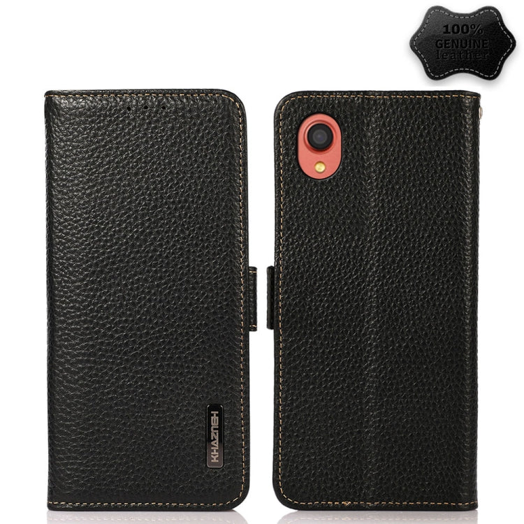 For Samsung Galaxy A22 5G JP Version KHAZNEH Side-Magnetic Litchi Genuine Leather RFID Phone Case(Black) - Galaxy Phone Cases by buy2fix | Online Shopping UK | buy2fix