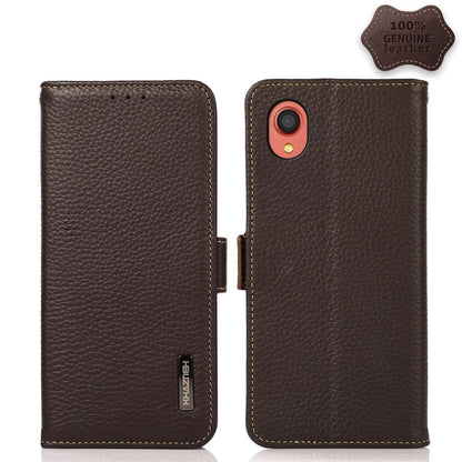 For Samsung Galaxy A22 5G JP Version KHAZNEH Side-Magnetic Litchi Genuine Leather RFID Phone Case(Brown) - Galaxy Phone Cases by buy2fix | Online Shopping UK | buy2fix