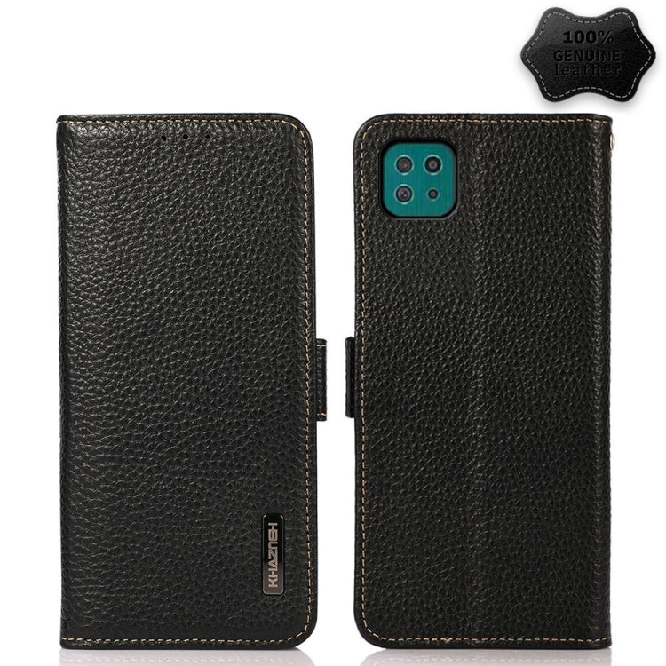 For Samsung Galaxy A22 5G KHAZNEH Side-Magnetic Litchi Genuine Leather RFID Phone Case(Black) - Galaxy Phone Cases by buy2fix | Online Shopping UK | buy2fix