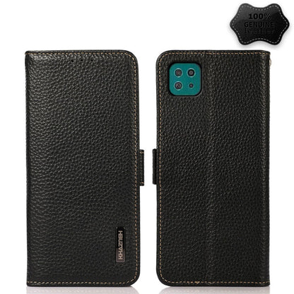 For Samsung Galaxy A22 5G KHAZNEH Side-Magnetic Litchi Genuine Leather RFID Phone Case(Black) - Galaxy Phone Cases by buy2fix | Online Shopping UK | buy2fix