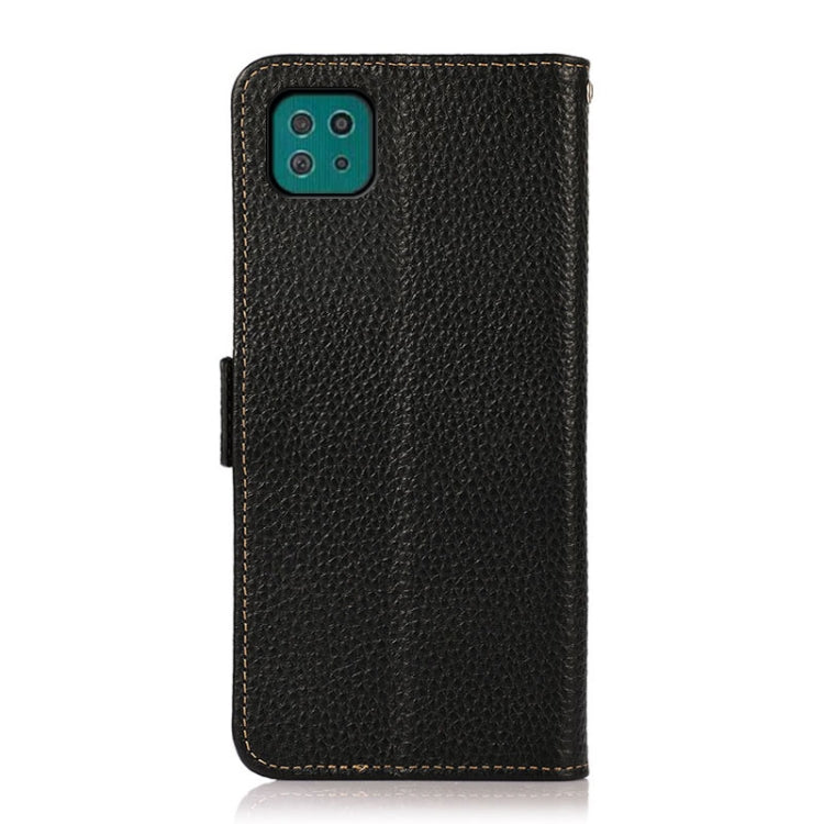 For Samsung Galaxy A22 5G KHAZNEH Side-Magnetic Litchi Genuine Leather RFID Phone Case(Black) - Galaxy Phone Cases by buy2fix | Online Shopping UK | buy2fix