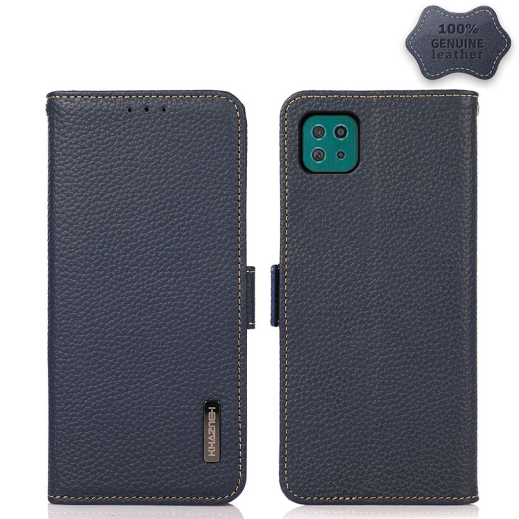 For Samsung Galaxy A22 5G KHAZNEH Side-Magnetic Litchi Genuine Leather RFID Phone Case(Blue) - Galaxy Phone Cases by buy2fix | Online Shopping UK | buy2fix