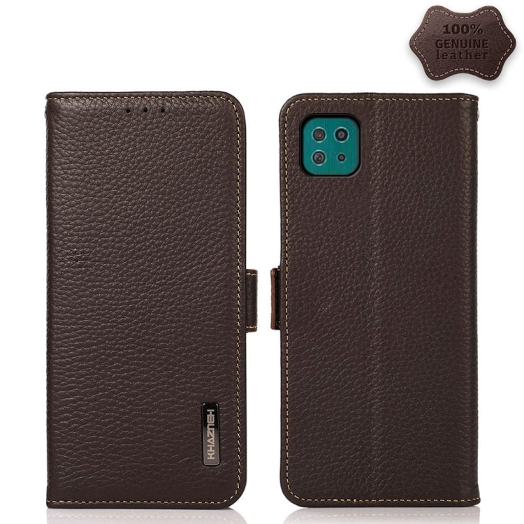 For Samsung Galaxy A22 5G KHAZNEH Side-Magnetic Litchi Genuine Leather RFID Phone Case(Brown) - Galaxy Phone Cases by buy2fix | Online Shopping UK | buy2fix
