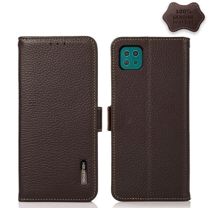 For Samsung Galaxy A22 5G KHAZNEH Side-Magnetic Litchi Genuine Leather RFID Phone Case(Brown) - Galaxy Phone Cases by buy2fix | Online Shopping UK | buy2fix