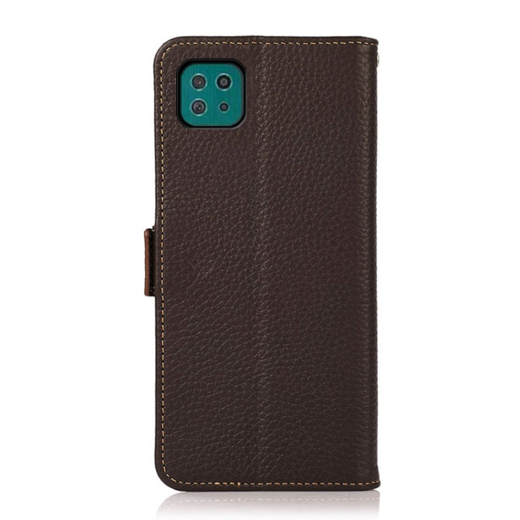 For Samsung Galaxy A22 5G KHAZNEH Side-Magnetic Litchi Genuine Leather RFID Phone Case(Brown) - Galaxy Phone Cases by buy2fix | Online Shopping UK | buy2fix