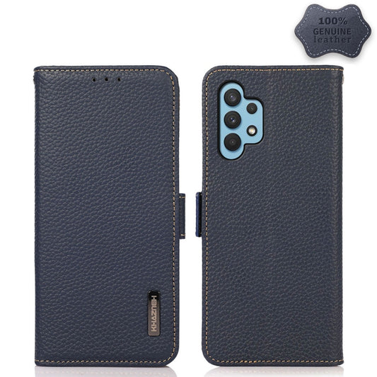For Samsung Galaxy A32 4G KHAZNEH Side-Magnetic Litchi Genuine Leather RFID Phone Case(Blue) - Galaxy Phone Cases by buy2fix | Online Shopping UK | buy2fix