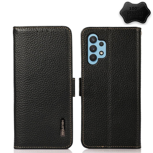For Samsung Galaxy A32 5G KHAZNEH Side-Magnetic Litchi Genuine Leather RFID Phone Case(Black) - Galaxy Phone Cases by buy2fix | Online Shopping UK | buy2fix