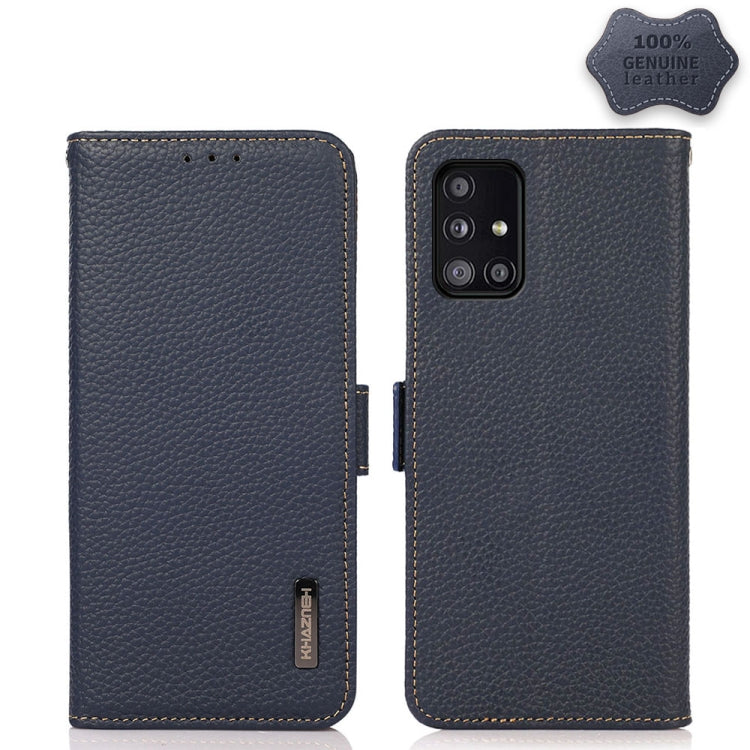 For Samsung Galaxy A51 5G KHAZNEH Side-Magnetic Litchi Genuine Leather RFID Phone Case(Blue) - Galaxy Phone Cases by buy2fix | Online Shopping UK | buy2fix