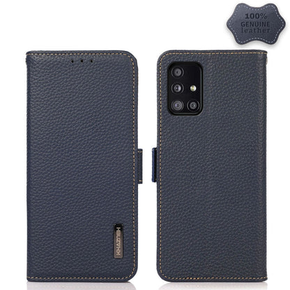 For Samsung Galaxy A51 5G KHAZNEH Side-Magnetic Litchi Genuine Leather RFID Phone Case(Blue) - Galaxy Phone Cases by buy2fix | Online Shopping UK | buy2fix