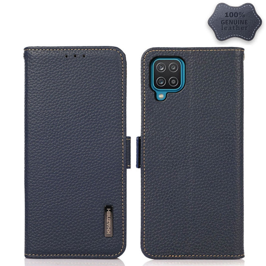 For Samsung Galaxy M32 KHAZNEH Side-Magnetic Litchi Genuine Leather RFID Phone Case(Blue) - Galaxy Phone Cases by buy2fix | Online Shopping UK | buy2fix