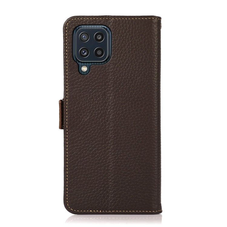 For Samsung Galaxy M32 KHAZNEH Side-Magnetic Litchi Genuine Leather RFID Phone Case(Brown) - Galaxy Phone Cases by buy2fix | Online Shopping UK | buy2fix