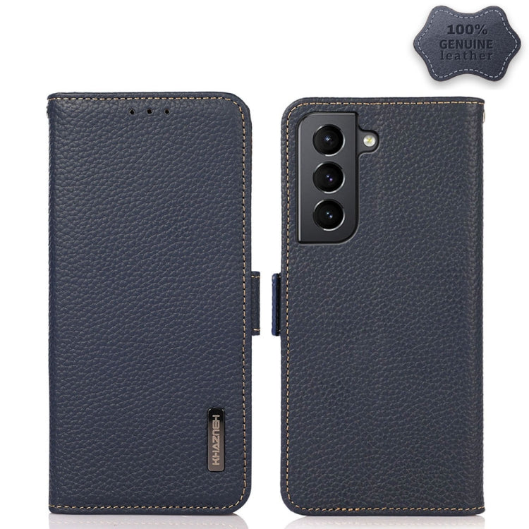 For Samsung Galaxy S21 5G KHAZNEH Side-Magnetic Litchi Genuine Leather RFID Phone Case(Blue) - Galaxy S21 5G Cases by buy2fix | Online Shopping UK | buy2fix