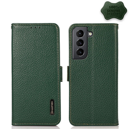 For Samsung Galaxy S21 5G KHAZNEH Side-Magnetic Litchi Genuine Leather RFID Phone Case(Green) - Galaxy S21 5G Cases by buy2fix | Online Shopping UK | buy2fix