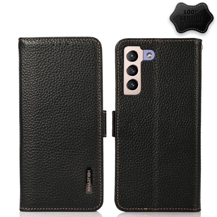 For Samsung Galaxy S22+ 5G KHAZNEH Side-Magnetic Litchi Genuine Leather RFID Phone Case(Black) - Galaxy S22+ 5G Cases by buy2fix | Online Shopping UK | buy2fix