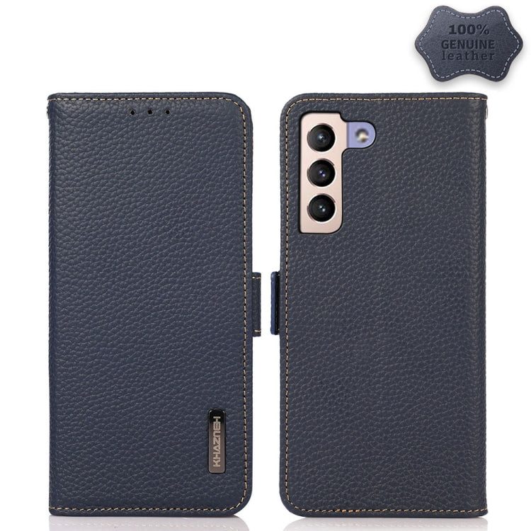 For Samsung Galaxy S22 5G KHAZNEH Side-Magnetic Litchi Genuine Leather RFID Phone Case(Blue) - Galaxy S22 5G Cases by buy2fix | Online Shopping UK | buy2fix