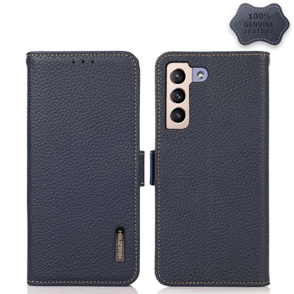 For Samsung Galaxy S22 5G KHAZNEH Side-Magnetic Litchi Genuine Leather RFID Phone Case(Blue) - Galaxy S22 5G Cases by buy2fix | Online Shopping UK | buy2fix