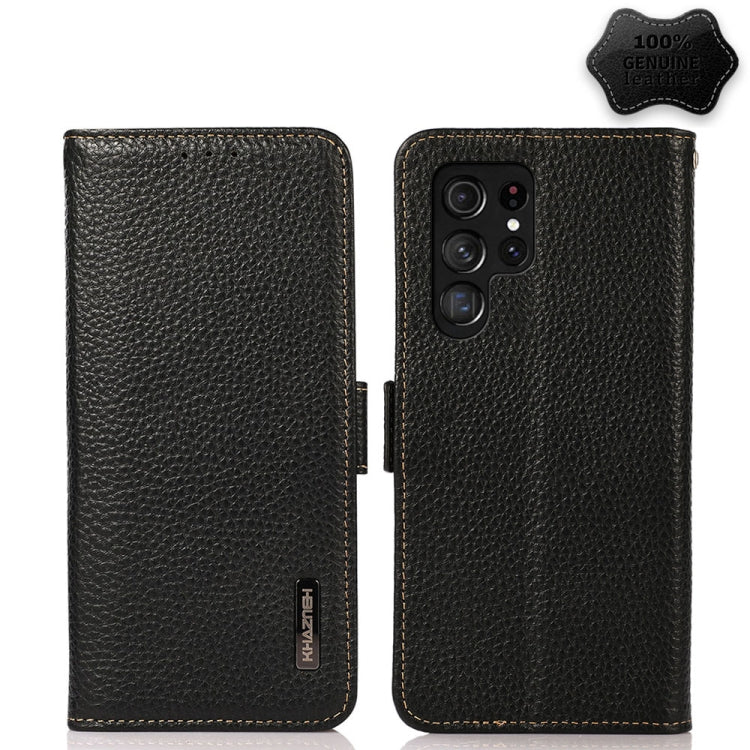For Samsung Galaxy S22 Ultra 5G KHAZNEH Side-Magnetic Litchi Genuine Leather RFID Phone Case(Black) - Galaxy S22 Ultra 5G Cases by buy2fix | Online Shopping UK | buy2fix