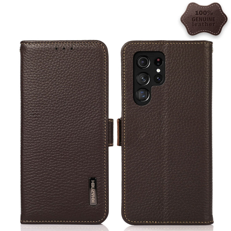 For Samsung Galaxy S22 Ultra 5G KHAZNEH Side-Magnetic Litchi Genuine Leather RFID Phone Case(Brown) - Galaxy S22 Ultra 5G Cases by buy2fix | Online Shopping UK | buy2fix