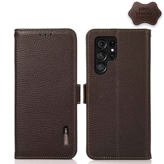 For Samsung Galaxy S22 Ultra 5G KHAZNEH Side-Magnetic Litchi Genuine Leather RFID Phone Case(Brown) - Galaxy S22 Ultra 5G Cases by buy2fix | Online Shopping UK | buy2fix