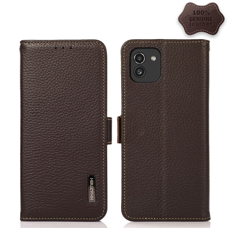 For Samsung Galaxy A03 164mm Version KHAZNEH Side-Magnetic Litchi Genuine Leather RFID Phone Case(Brown) - Galaxy Phone Cases by buy2fix | Online Shopping UK | buy2fix