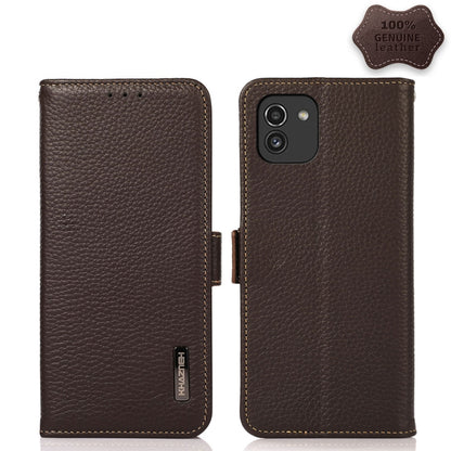 For Samsung Galaxy A03 164mm Version KHAZNEH Side-Magnetic Litchi Genuine Leather RFID Phone Case(Brown) - Galaxy Phone Cases by buy2fix | Online Shopping UK | buy2fix