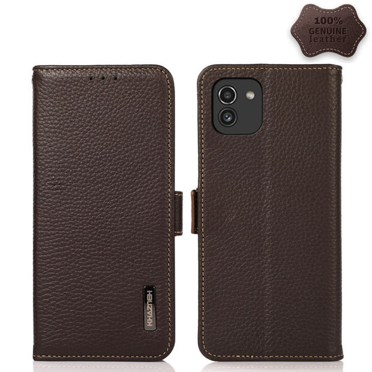 For Samsung Galaxy A03 164mm Version KHAZNEH Side-Magnetic Litchi Genuine Leather RFID Phone Case(Brown) - Galaxy Phone Cases by buy2fix | Online Shopping UK | buy2fix