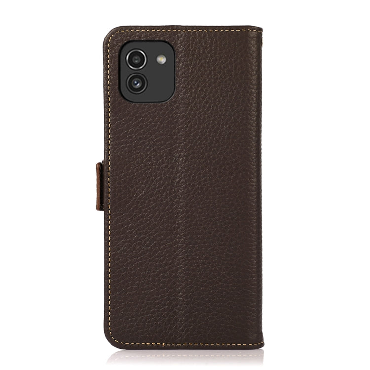 For Samsung Galaxy A03 164mm Version KHAZNEH Side-Magnetic Litchi Genuine Leather RFID Phone Case(Brown) - Galaxy Phone Cases by buy2fix | Online Shopping UK | buy2fix