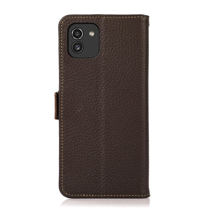 For Samsung Galaxy A03 164mm Version KHAZNEH Side-Magnetic Litchi Genuine Leather RFID Phone Case(Brown) - Galaxy Phone Cases by buy2fix | Online Shopping UK | buy2fix