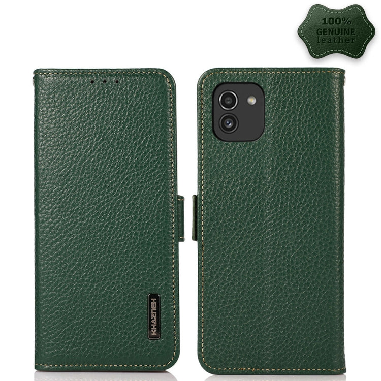 For Samsung Galaxy A03 166mm Version KHAZNEH Side-Magnetic Litchi Genuine Leather RFID Phone Case(Green) - Galaxy Phone Cases by buy2fix | Online Shopping UK | buy2fix