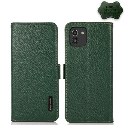 For Samsung Galaxy A03 166mm Version KHAZNEH Side-Magnetic Litchi Genuine Leather RFID Phone Case(Green) - Galaxy Phone Cases by buy2fix | Online Shopping UK | buy2fix
