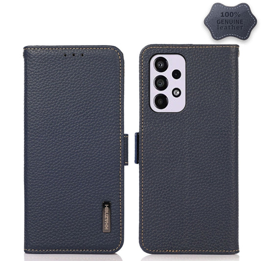For Samsung Galaxy A33 5G KHAZNEH Side-Magnetic Litchi Genuine Leather RFID Phone Case(Blue) - Galaxy Phone Cases by buy2fix | Online Shopping UK | buy2fix