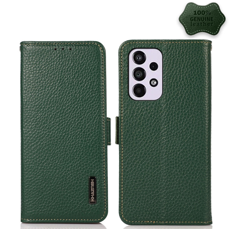For Samsung Galaxy A73 5G KHAZNEH Side-Magnetic Litchi Genuine Leather RFID Phone Case(Green) - Galaxy Phone Cases by buy2fix | Online Shopping UK | buy2fix