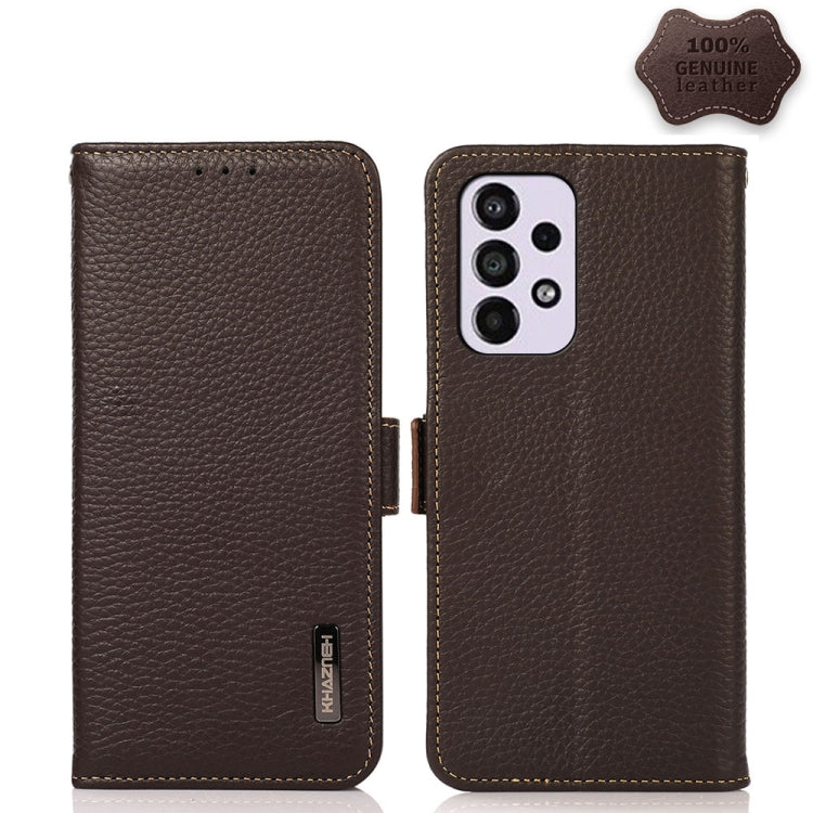 For Samsung Galaxy A73 5G KHAZNEH Side-Magnetic Litchi Genuine Leather RFID Phone Case(Brown) - Galaxy Phone Cases by buy2fix | Online Shopping UK | buy2fix
