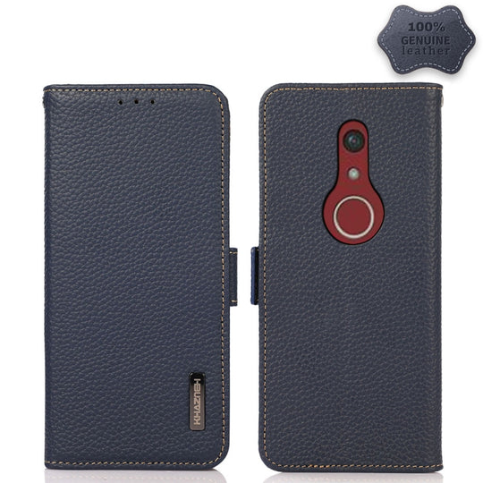 For Fujitsu Be4 Plus F-41B KHAZNEH Side-Magnetic Litchi Genuine Leather RFID Phone Case(Blue)