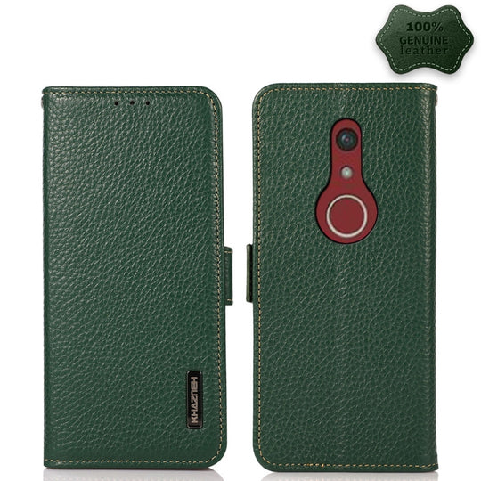 For Fujitsu Be4 Plus F-41B KHAZNEH Side-Magnetic Litchi Genuine Leather RFID Phone Case(Green)