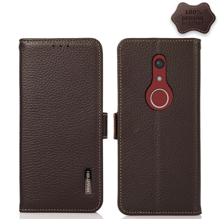 For Fujitsu Be4 Plus F-41B KHAZNEH Side-Magnetic Litchi Genuine Leather RFID Phone Case(Brown) - More Brand by buy2fix | Online Shopping UK | buy2fix