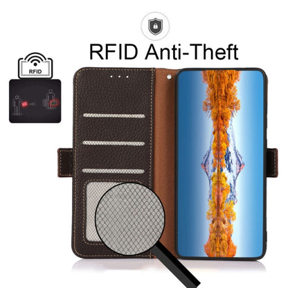 For Fujitsu Be4 Plus F-41B KHAZNEH Side-Magnetic Litchi Genuine Leather RFID Phone Case(Brown) - More Brand by buy2fix | Online Shopping UK | buy2fix