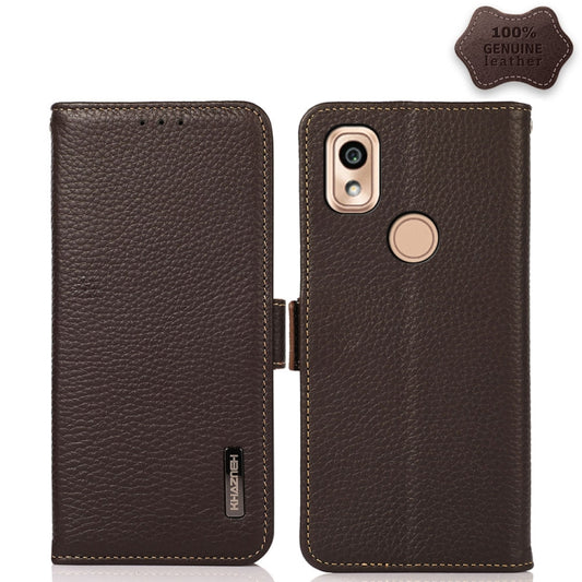For Kyocera KY-51B KHAZNEH Side-Magnetic Litchi Genuine Leather RFID Phone Case(Brown) - More Brand by buy2fix | Online Shopping UK | buy2fix