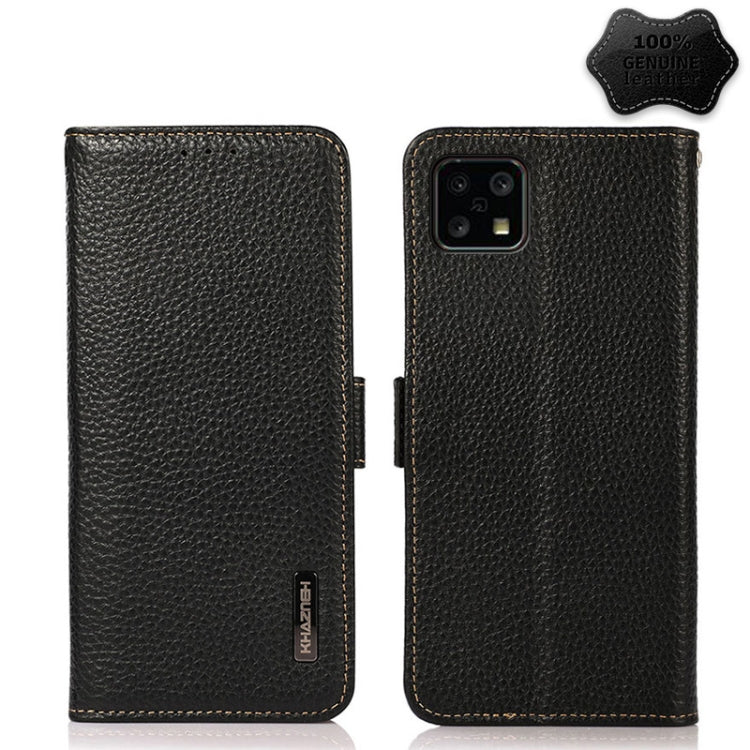 For Sharp Aquos Sense 4 KHAZNEH Side-Magnetic Litchi Genuine Leather RFID Phone Case(Black) - More Brand by buy2fix | Online Shopping UK | buy2fix