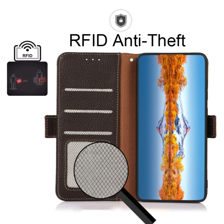 For Sharp Aquos Sense 4 KHAZNEH Side-Magnetic Litchi Genuine Leather RFID Phone Case(Brown) - More Brand by buy2fix | Online Shopping UK | buy2fix