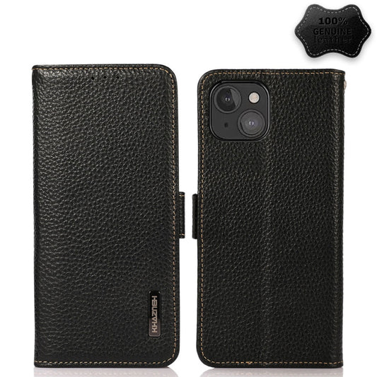 For iPhone 13 mini KHAZNEH Side-Magnetic Litchi Genuine Leather RFID Case (Black) - iPhone 13 mini Cases by buy2fix | Online Shopping UK | buy2fix